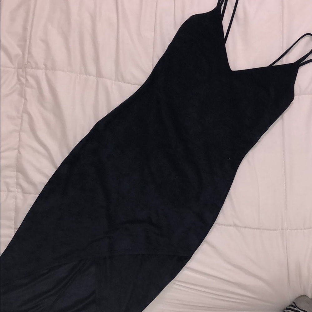 Suede Navy Blue Bodycon Midi High Low Dress